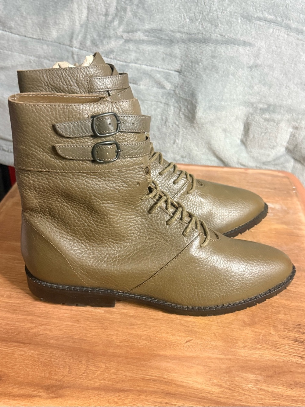 Leather New York Transit Women's Olive Brown Lace-Up Ankle Boots Buckle Strap